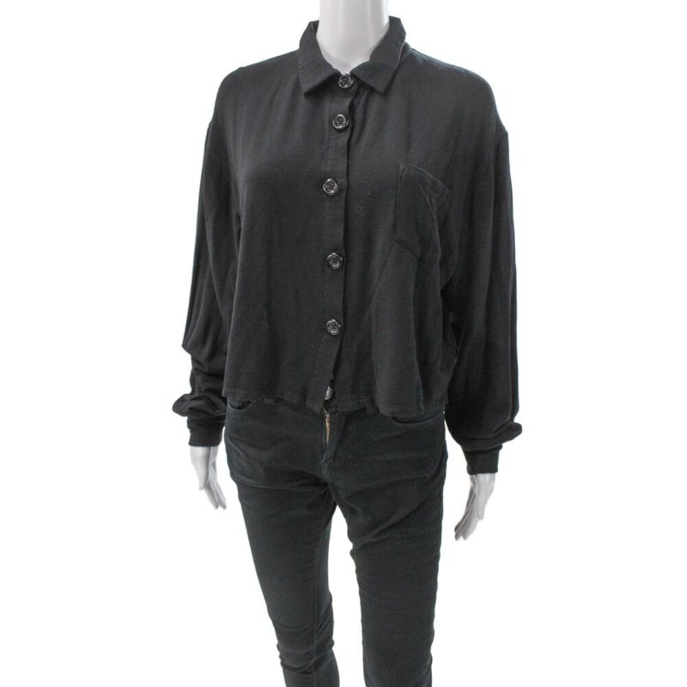 LNA Womens Cropped Collared Button Up Blouse Black Modal Long Sleeve Size L
